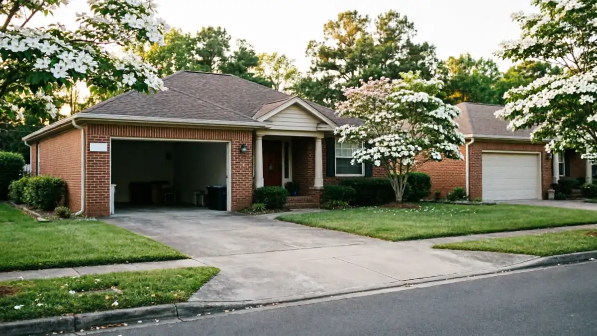 A brick house has an open garage on the left and a closed garage on the right.