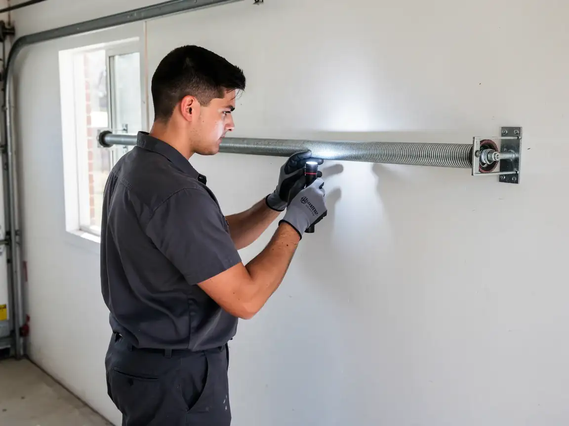 A technician shines a flashlight on a garage door torsion spring.