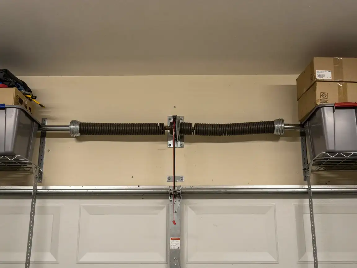 A torsion spring system is mounted above a white garage door.