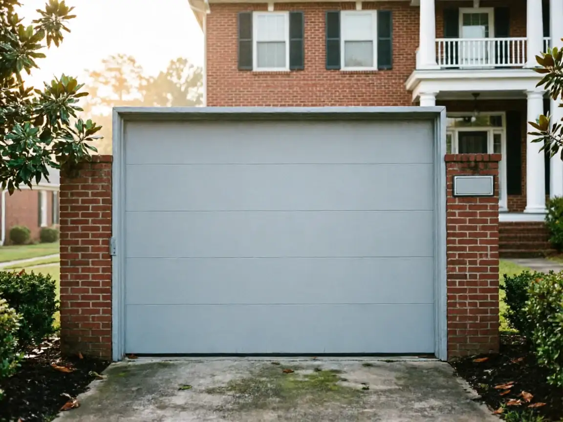 A light gray garage door is set into a brick archway in front of a house.