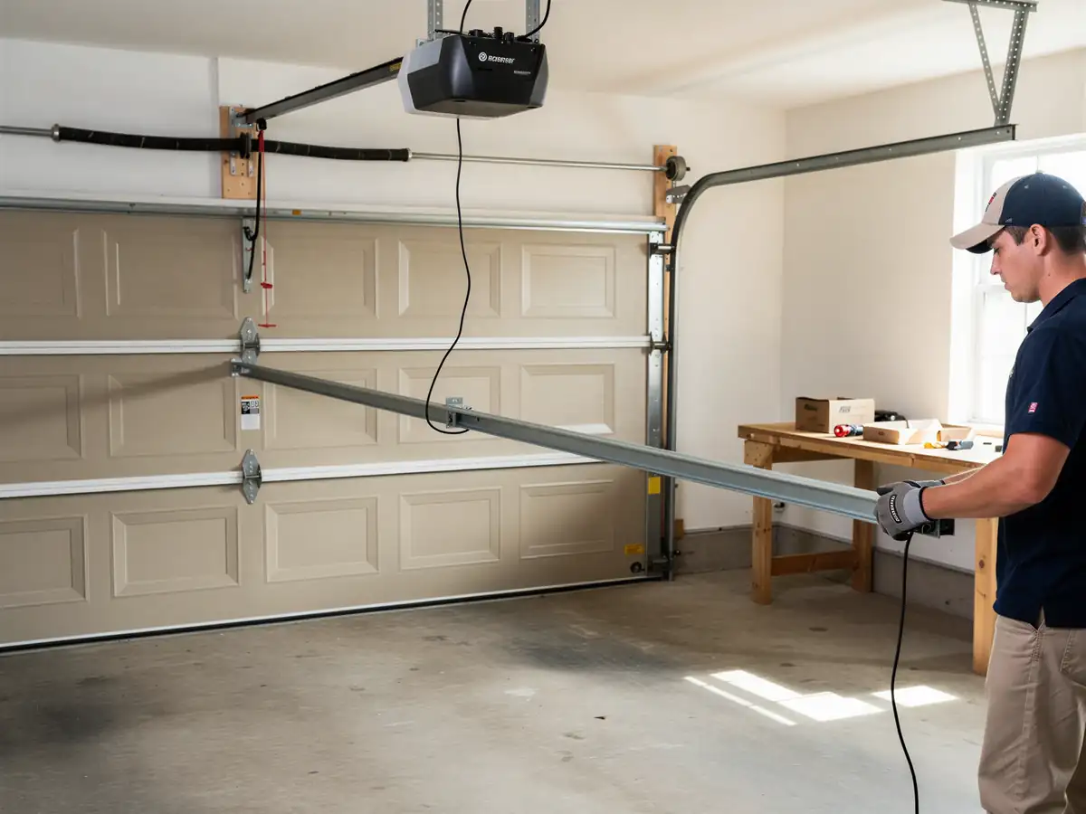 A technician holds a metal track in front of a beige garage door.