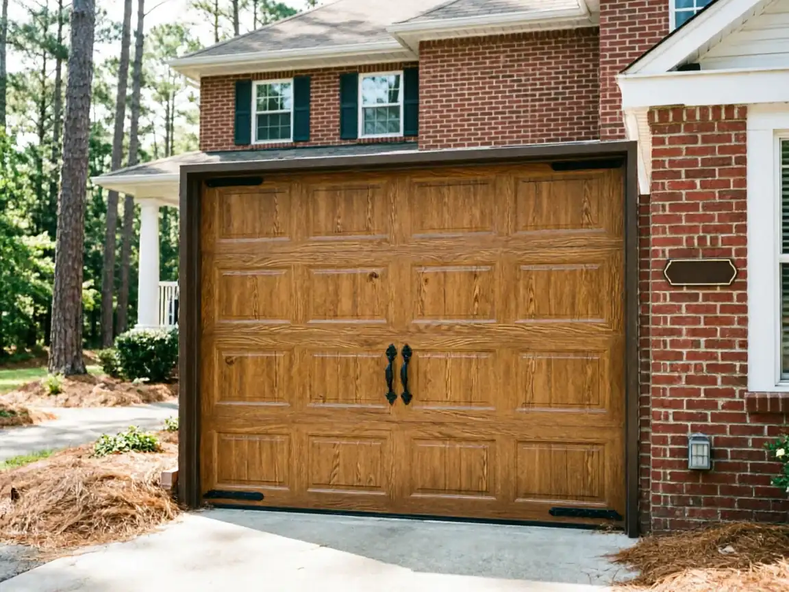 A brown wood-look garage door with black handles is on a brick house.